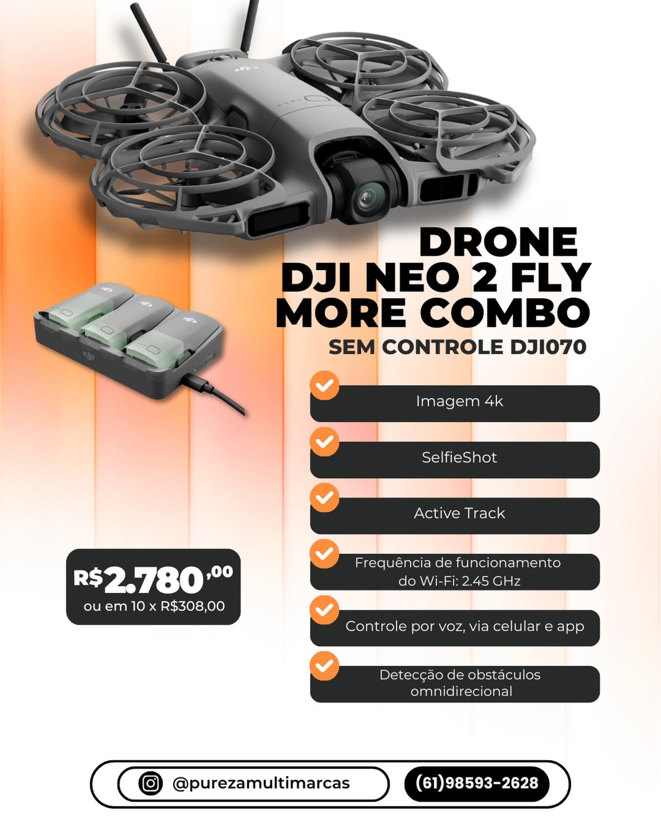 Drone DJI Neo 2 Fly More Combo (sem controle)